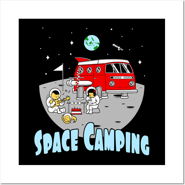 Space Camping Adventure cute Astronauts on Moon Wall Art by Foxxy Merch